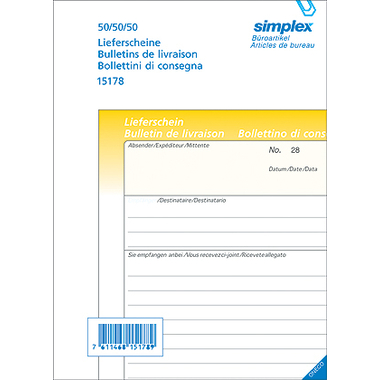SIMPLEX Bon de livraison D/F/I A5 15177 jaune/blanc 50x2 feuilles