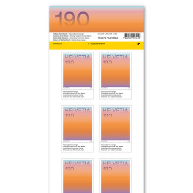 Timbres CHF 1.90 «Orange crépuscule des Alpes», Feuille de 10 timbres Feuille «Couleurs de la Suisse», autocollant, non oblitéré