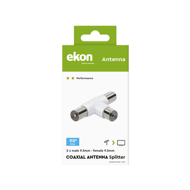 A coaxial splitter for antennas, with two 9.5mm male connectors and a 9.5mm female connector