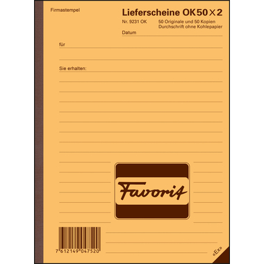 FAVORIT Bloc-notes form. Livraison A5 9231 OK papier autocopiant 50x2 flls.