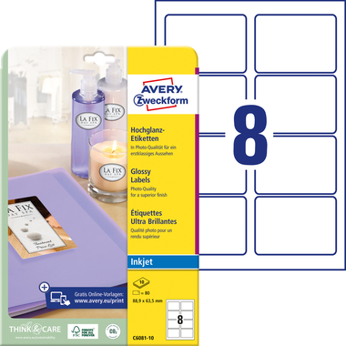 AVERY ZWECKFORM Etichette 88,9x63,5mm C6081-10 bianco, glossy 80 pezzi