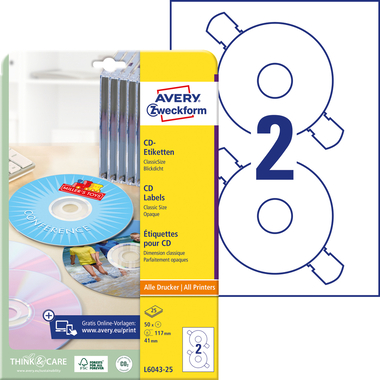 AVERY ZWECKFORM CD Labels Classic bianco L6043-25 117mm 50 pezzi