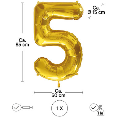I AM CREATIVE Folienballon Zahl 5 85cm 1000-1050 gold