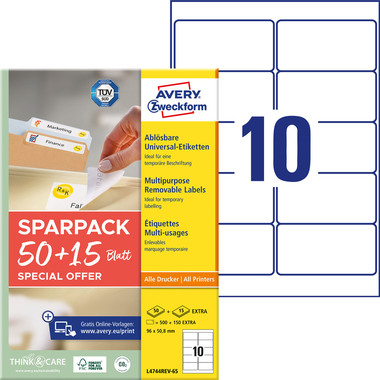 AVERY ZWECKFORM Universal-Etiketten 96x508mm L4744REV-65 weiss 50+15 Blatt