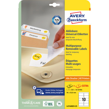 AVERY ZWECKFORM Universal-Etikett. 96x50,8mm L4744REV-25 weiss 300 Stk./25 + 5 Blatt
