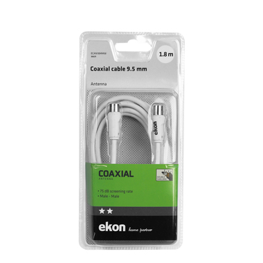 A white 1.8m long coaxial male / male antenna cable, with 9.5 mm connectors