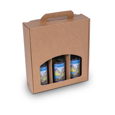 Beer gift box for 3-4 bottles made of cardboard with window & carrying handle in brown 245x278x73mm