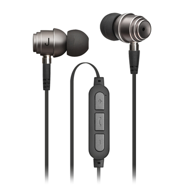 Stereo-Kopfhörer aus Metall mit zwei Adaptern, die mit einem Controller für den kabellosen oder kabelgebundenen Einsatz ausgestattet sind.