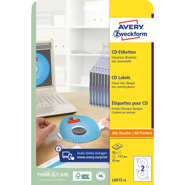 AVERY ZWECKFORM Etiquettes CD 117mm L6015-25 Universel, blanc 25flls./2pcs.