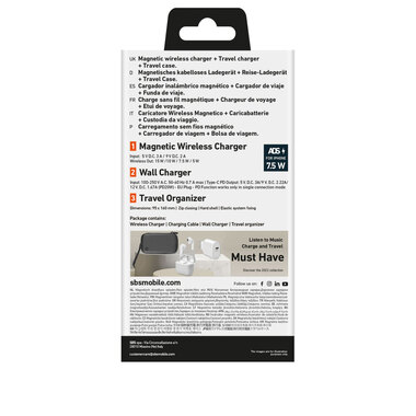 Kit with travel organiser, wireless charger, wall charger