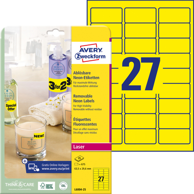AVERY ZWECKFORM Etichette 63,5x29,6mm L6004-25 giallo, non perm. 675pz./25fl.