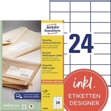 AVERY ZWECKFORM Etiquettes 70x36mm LR3475 recycling 2400 pcs.