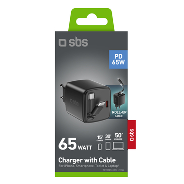 Caricatore USB-C 65W con cavo integrato retrattile e tecnologia GaN | SBS
