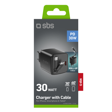 Caricatore USB-C 30W con cavo integrato retrattile e tecnologia GaN | SBS