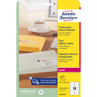 AVERY ZWECKFORM Etiquettes adress. 99,1x38,1mm L7563-25 transparent 350 pcs.