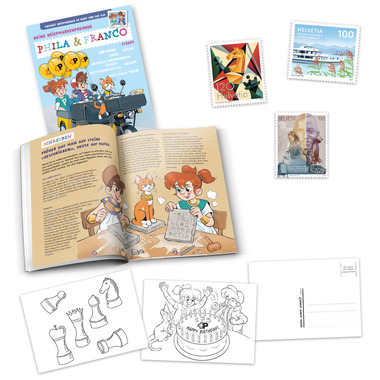 «Phila & Franco» set filatelico per bambini, IT, 1/24 Set da 20 pagine, 6 Francobolli (valore facciale CHF 7.50, 2 con annullo, 4 senza annullo), 3 Cartoline postali