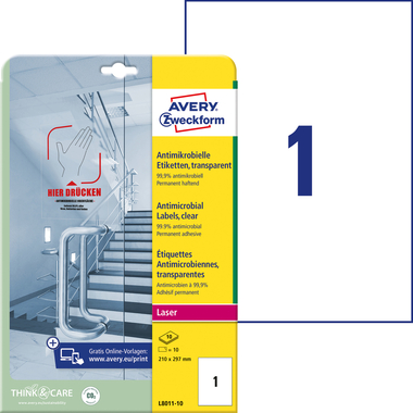 AVERY ZWECKFORM Étiquettes L8011-10 Antimic. 210x297mm transp.