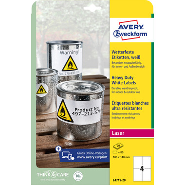 AVERY ZWECKFORM Etiquettes Laser 105x148mm L471920 imperméable blanc 20 flls.