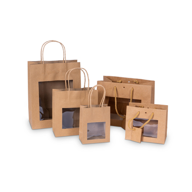 Geschenktragetasche mit Sichtfenster in braun 115x67x147mm