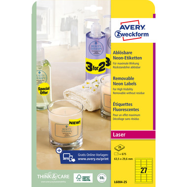 AVERY ZWECKFORM Etichette 63,5x29,6mm L6004-25 giallo, non perm. 675pz./25fl.