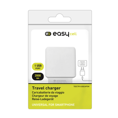 Travel charger 1 USB 2A Easycell in bustina, colore bianco