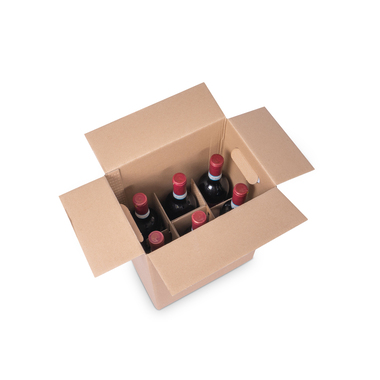 Flaschenverpackung mit Einlage & Grifflöcher für 6x 1l Flaschen mit Flaschenhöhe 350mm & Ø90mm