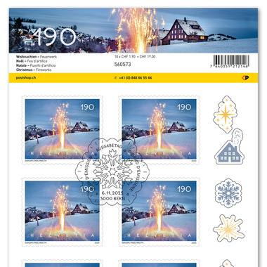 Timbres CHF 1.90 «Feu d’artifice», Feuille de 10 timbres Feuille «Noël», autocollant, oblitéré