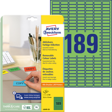 AVERY ZWECKFORM Étiquettes 25,4x10mm L6049-20 vert 3780pcs./20fl.