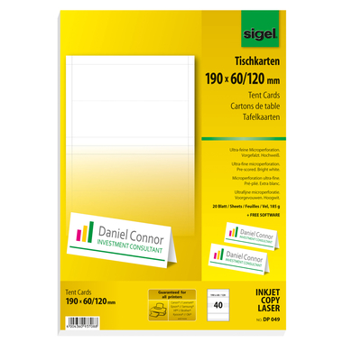SIGEL Cartes table 190x60mm DP049 blanc, 185g 40 pcs.