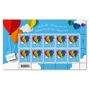 Briefmarken CHF 1.10 «Ehe für alle», Kleinbogen mit 10 Marken Bogen «Ehe für alle», selbstklebend, ungestempelt