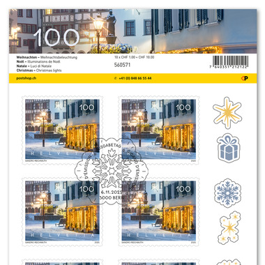 Timbres CHF 1.00 «Illuminations de Noël», Feuille de 10 timbres Feuille «Noël», autocollant, oblitéré