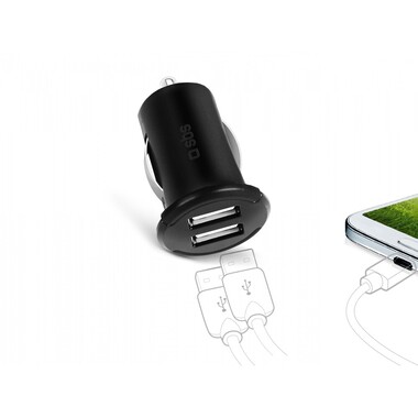 Mini USB car charger with 2 USB plug 12/24V, 2400 mA, black color