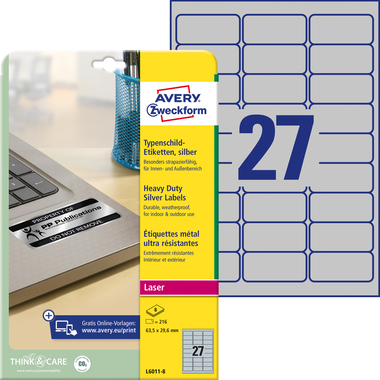 AVERY ZWECKFORM Etichette targa 63,5x29,6mm L6011-8 argento 216 pz./8 fogli