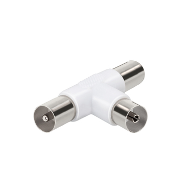 A coaxial splitter for antennas, with two 9.5mm male connectors and a 9.5mm female connector