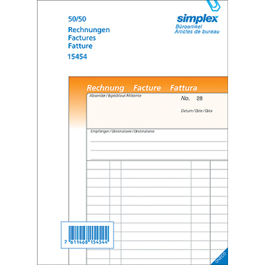 SIMPLEX Factures D/F/I A5 15454 orange/blanc 50x2 feuilles