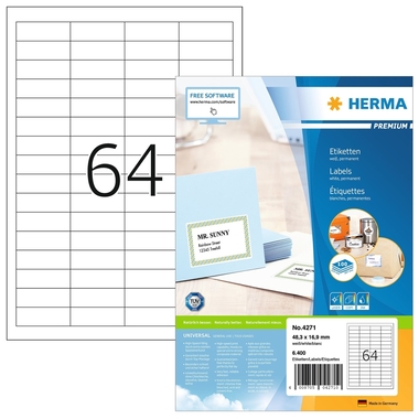 HERMA Universal-Etikett. 48,3x16,9mm 4271 weiss 6400 St./100 Blatt