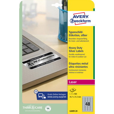 AVERY ZWECKFORM Typenschild-Labels 45,7x21,2mm L6009-20 silber, Laser 960 St./20 Blatt