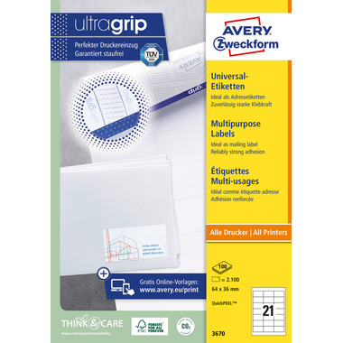 AVERY ZWECKFORM Etiquettes 64x36mm 3670 blanc 2100 pcs./100 flls.