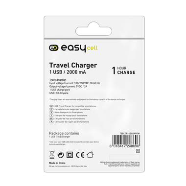 Travel charger 1 USB 2A Easycell in bustina, colore bianco
