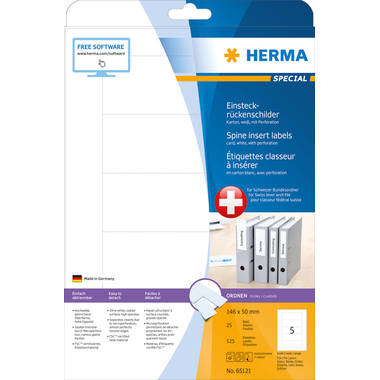 HERMA Einsteckrücken breit 146x50mm 65121 weiss 125Stk/ 25Blatt