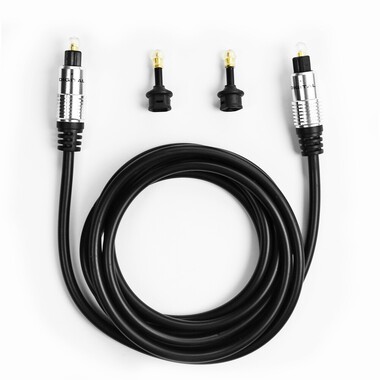 1.8m long black optical fibre cable with two male Toslink connectors and two jack 3.5 mm Toslink adapters, and featuring gold-plated connectors