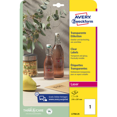 AVERY ZWECKFORM Etiketten 210x297mm L7784-25 transparent 25 Stück