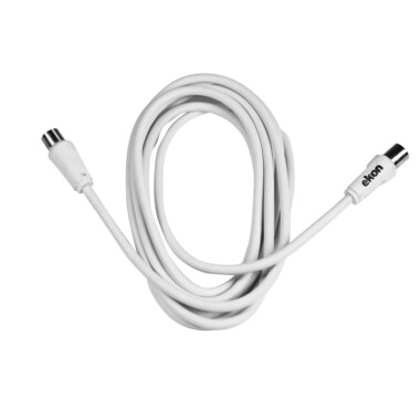 A white 1.8m long coaxial male / male antenna cable, with 9.5 mm connectors