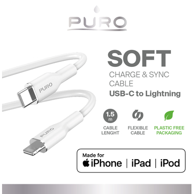 Câble de charge SOFT de USB-C à Lightning 1,5m | Puro