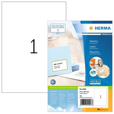 HERMA Étiquet. univers. 210x297mm 4428 blanc 100 pcs./100 flls.
