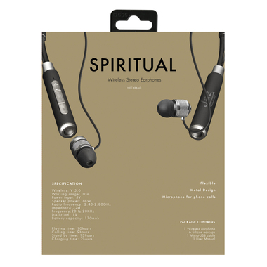 Kabellose Stereo-Kopfhörer V.5.0 mit Metalloptik, flexiblem Umhängeband und Multifunktionstasten.