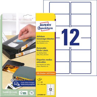 AVERY ZWECKFORM Etichette Video 78,7x46,6mm L4742REV-25 bianco,non-perm. 300pz./25fl.