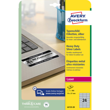 AVERY ZWECKFORM Typenschild Label 70x37mm L613320 silber 480 Stück/20 Blat