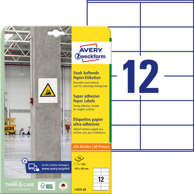 AVERY ZWECKFORM Etichette Univ. 105x48mm L7875-20 bianco, strong 20 fogli