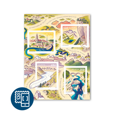 Timbres CHF 1.00/1.20/1.90/2.50 «Attractions de Suisse», Feuille spéciale de 4 timbres Feuille «Attractions de Suisse», autocollant, non oblitéré